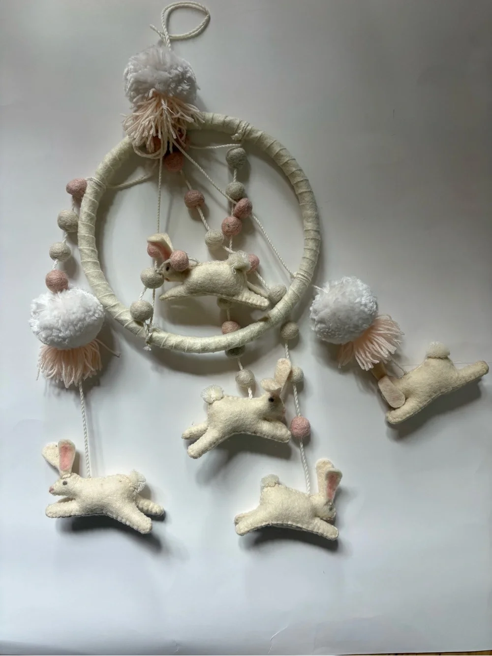 Handmade Cream and Pink Bunny Hanging Nursery Mobile